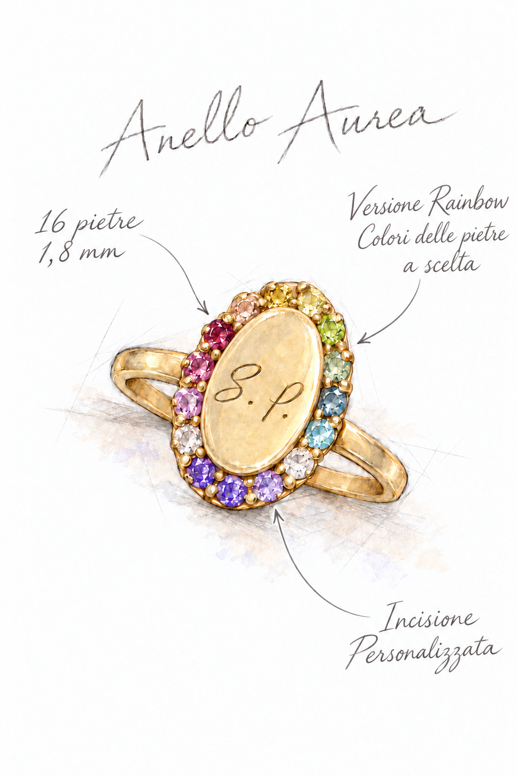 Bozzetto Anello Aurea - 16 pietre da 1,8 mm, colori a scelta e incisione personalizzata