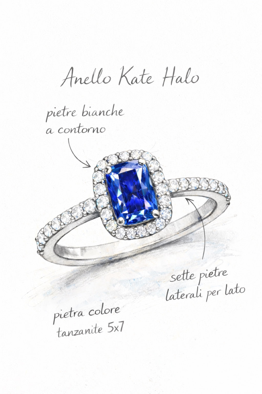 Disegno dell’anello Kate Halo con pietra colore tanzanite e giro di pietre bianche